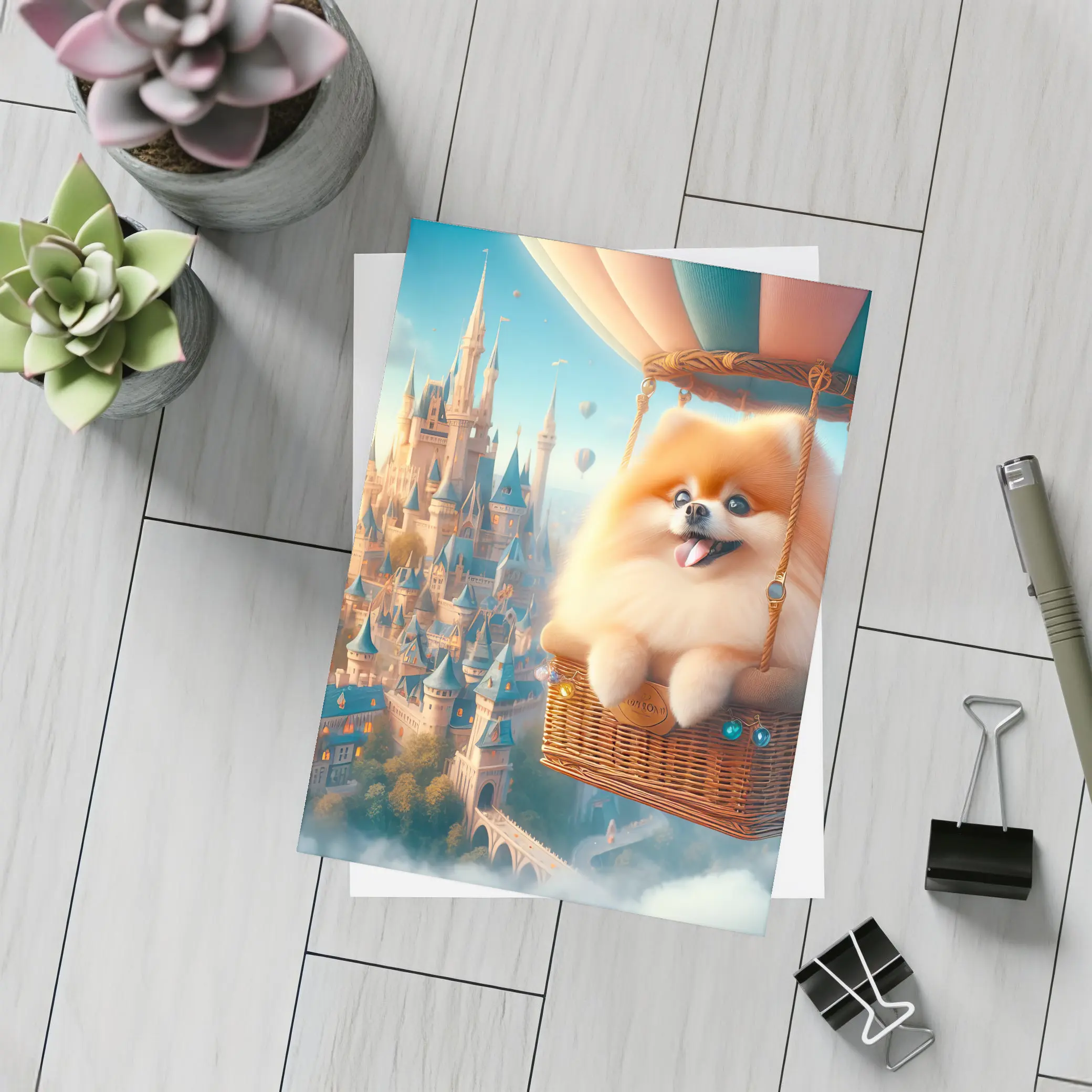 Pomeranian Dog Flying Hot Air Balloon Castle – Postcards