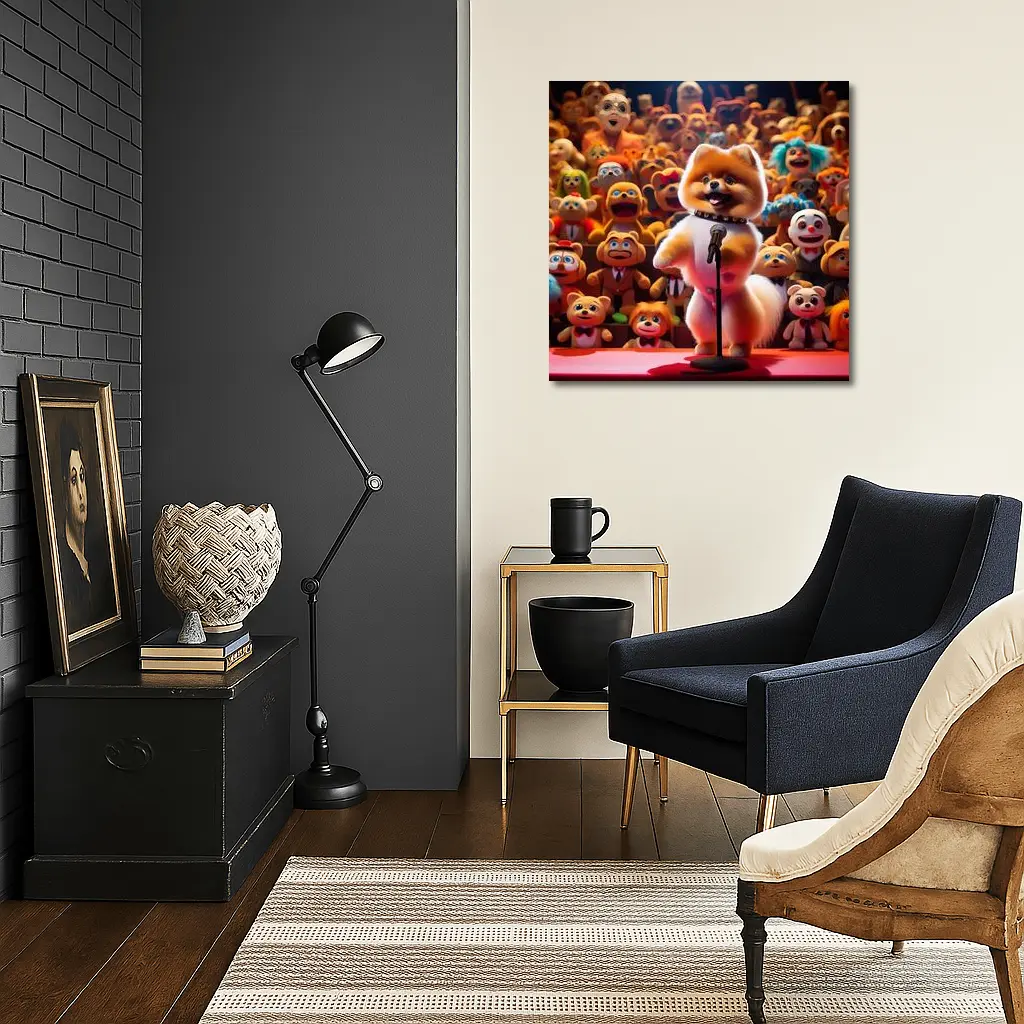 Pomeranian On Stage With Toy Crowd – Wall Art