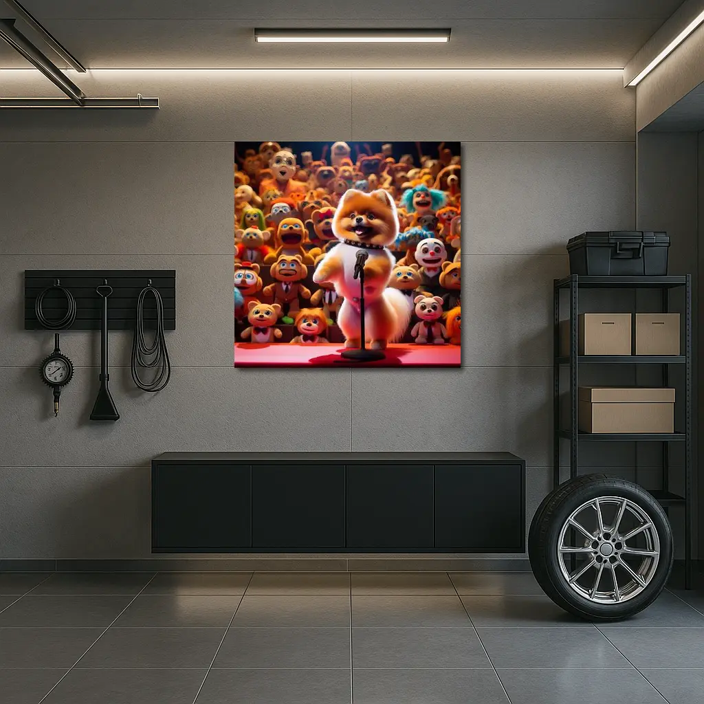 Pomeranian On Stage With Toy Crowd – Wall Art