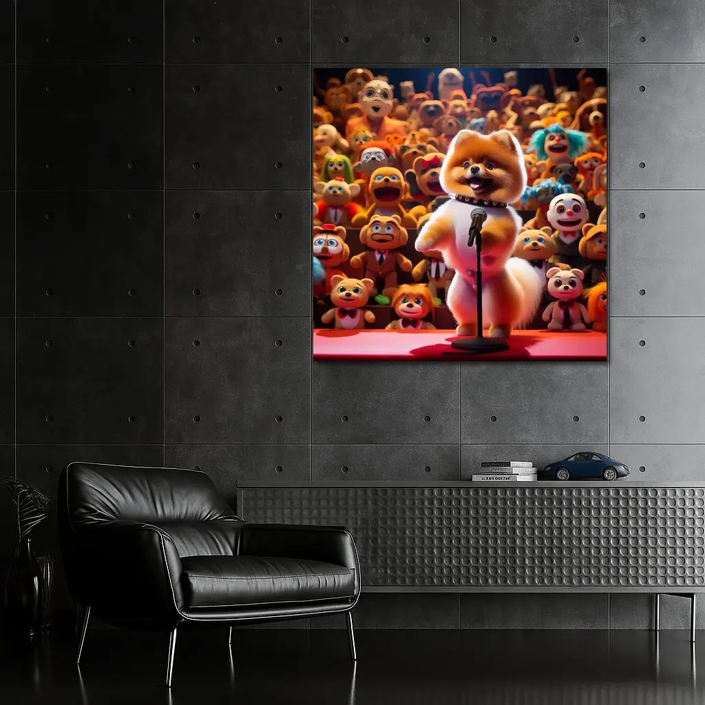 Pomeranian On Stage With Toy Crowd – Wall Art