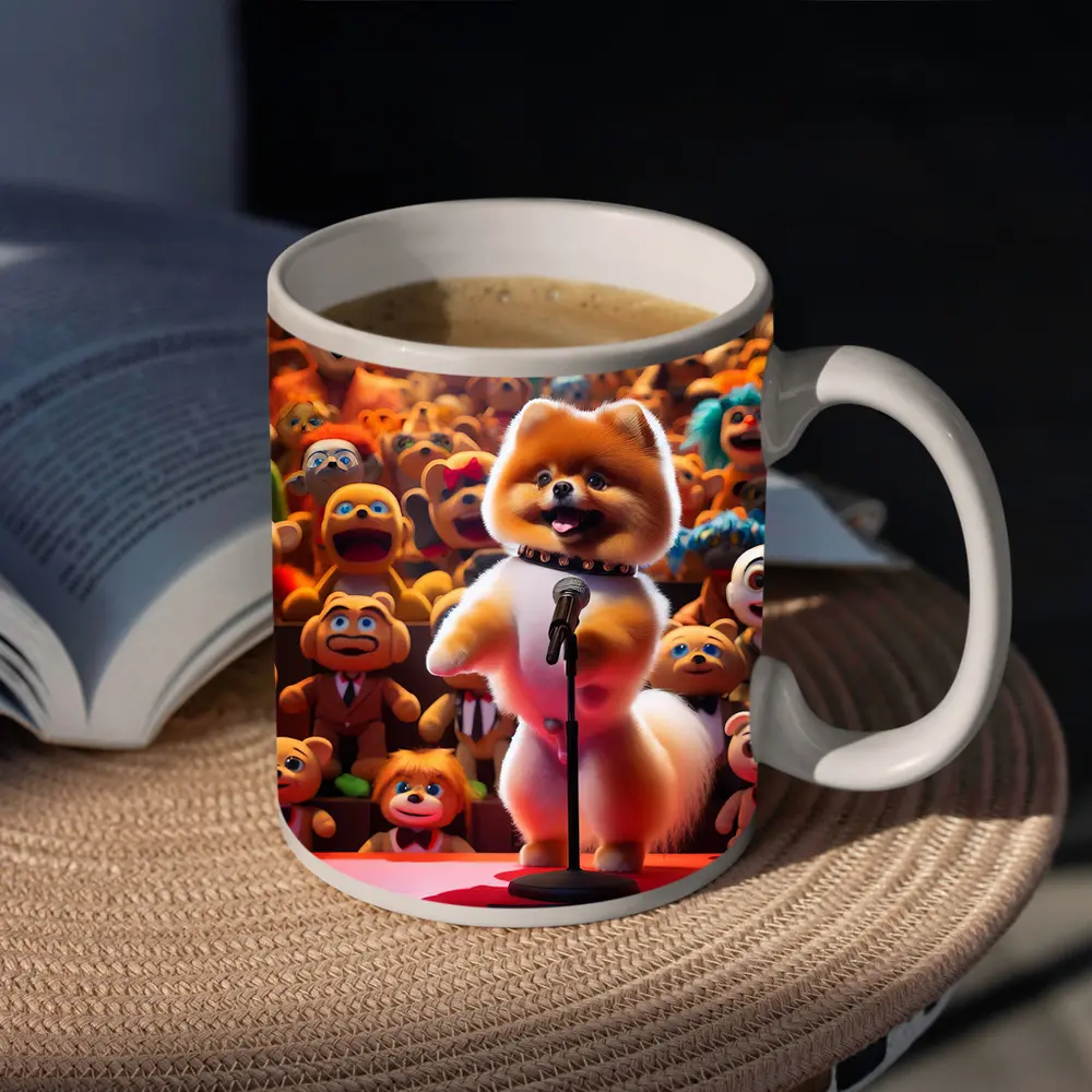 Pomeranian On Stage With Toy Crowd – Mugs