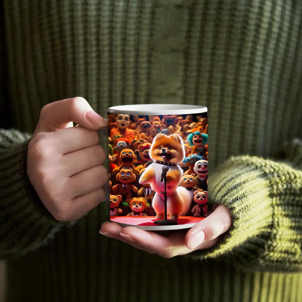 Pomeranian On Stage With Toy Crowd – Mugs