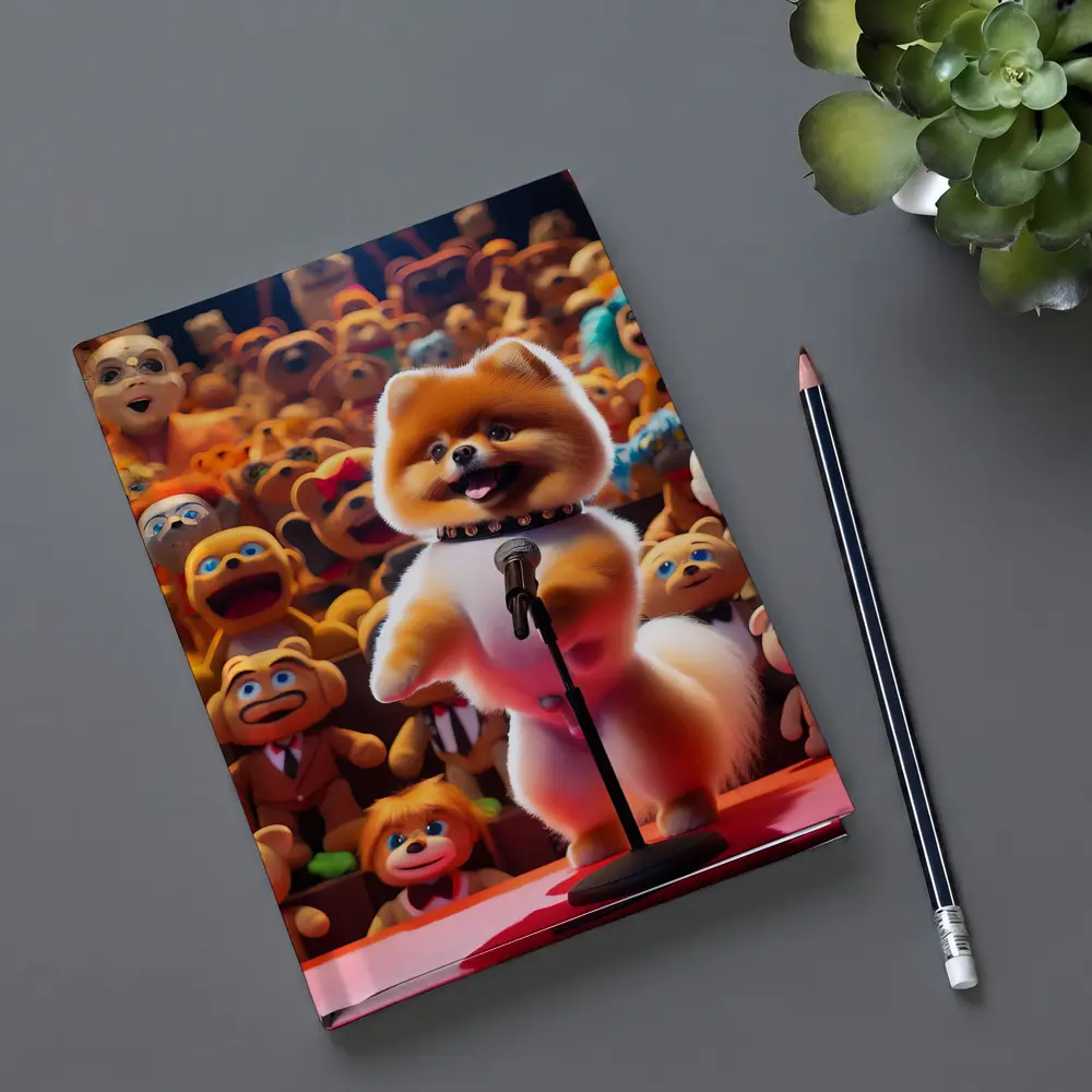 Pomeranian On Stage With Toy Crowd – Notebooks
