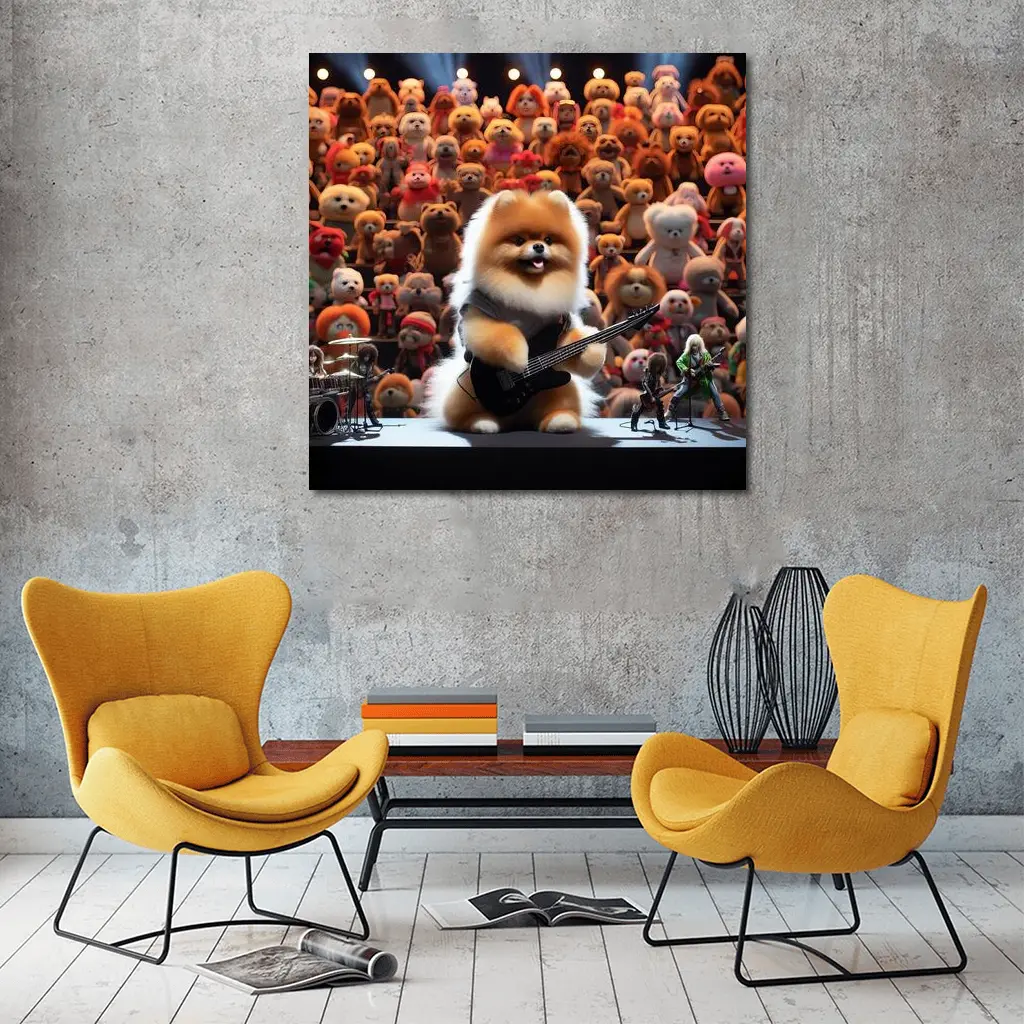 Pomeranian Dog Rocking Guitar On Stage – Wall Art