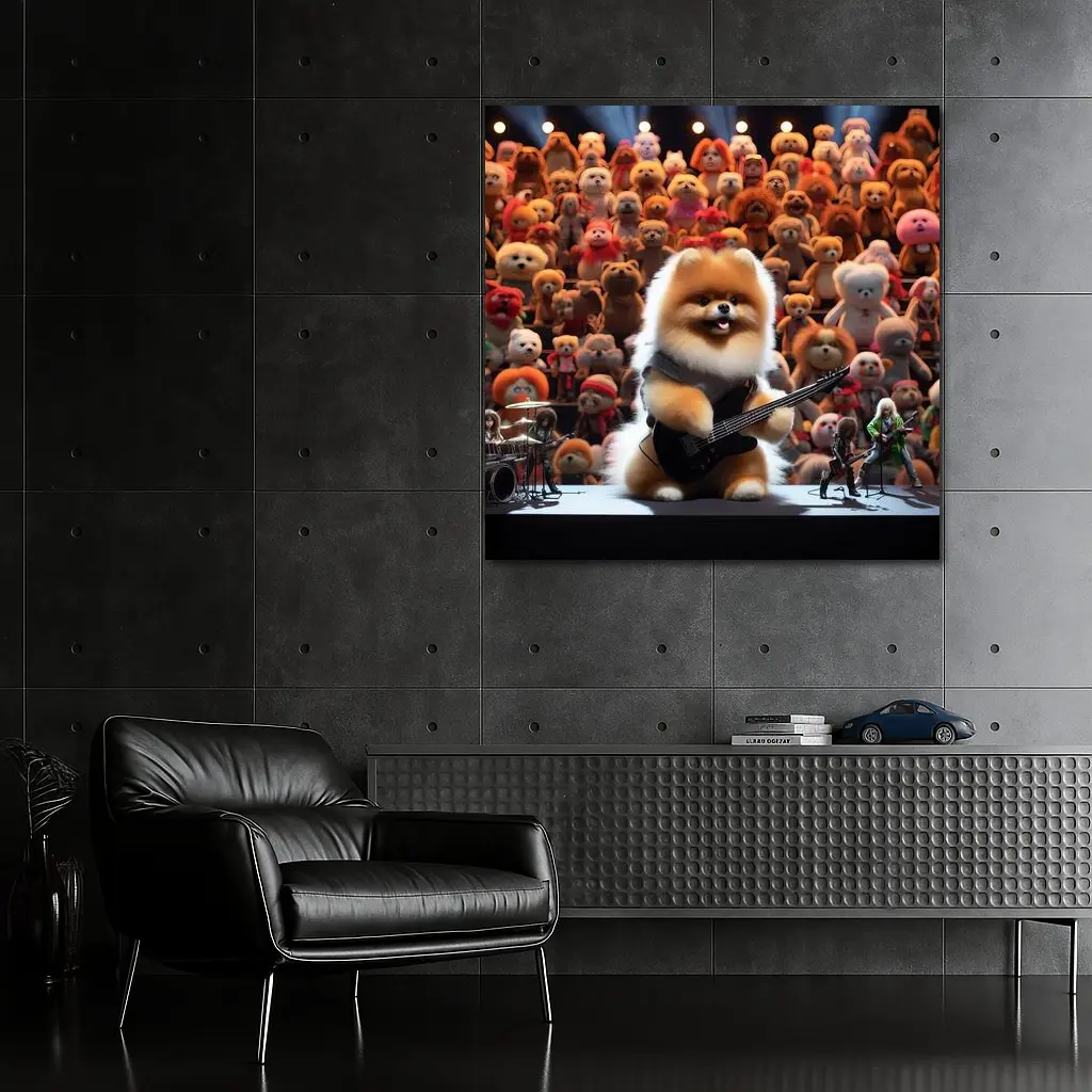 Pomeranian Dog Rocking Guitar On Stage – Wall Art