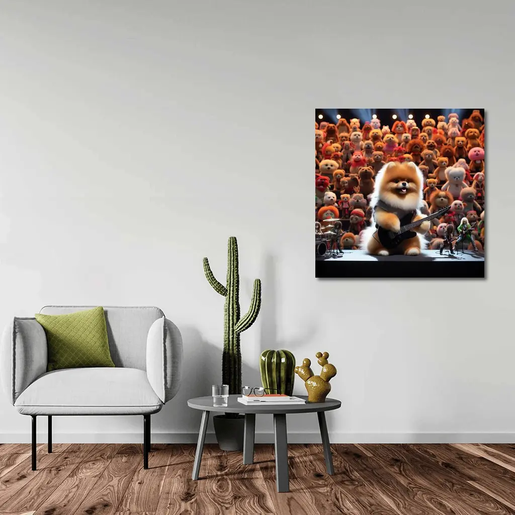 Pomeranian Dog Rocking Guitar On Stage – Wall Art