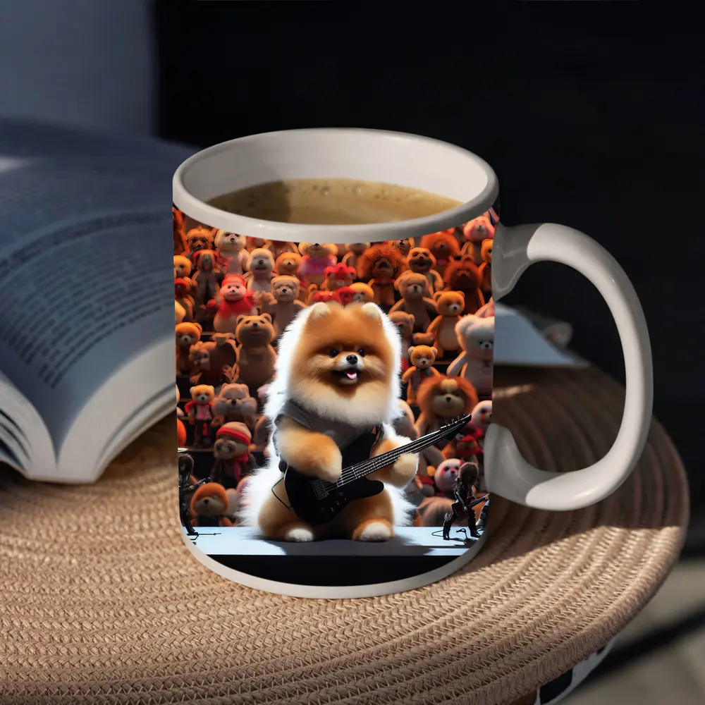 Pomeranian Dog Rocking Guitar On Stage – Mugs