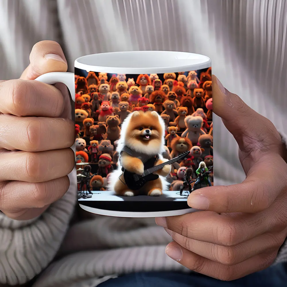 Pomeranian Dog Rocking Guitar On Stage – Mugs