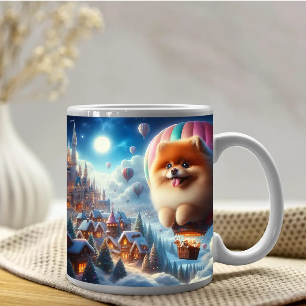 Pomeranian Hot Air Balloon Winter Fantasy Castle – Mugs