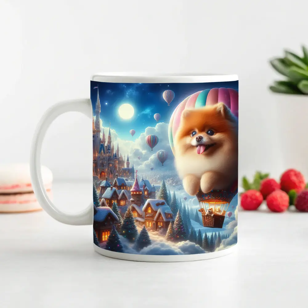 Pomeranian Hot Air Balloon Winter Fantasy Castle – Mugs