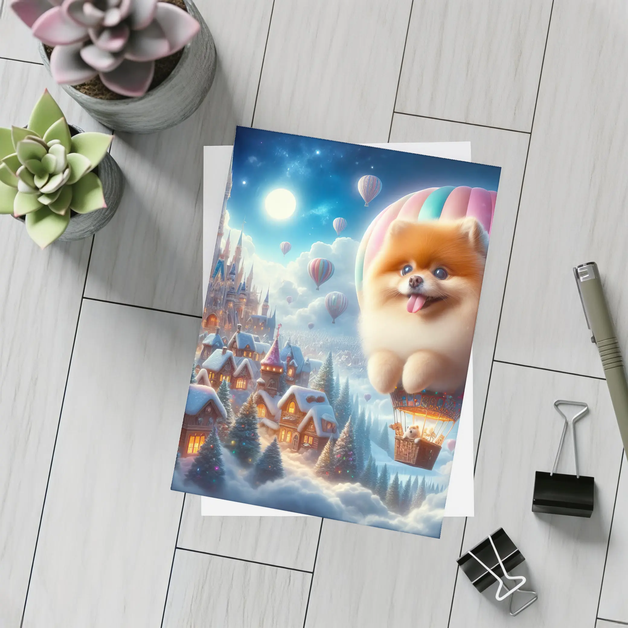 Pomeranian Hot Air Balloon Winter Fantasy Castle – Postcards