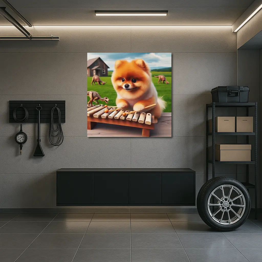 Pomeranian Playing Xylophone With Dinosaurs Outdoors – Wall Art