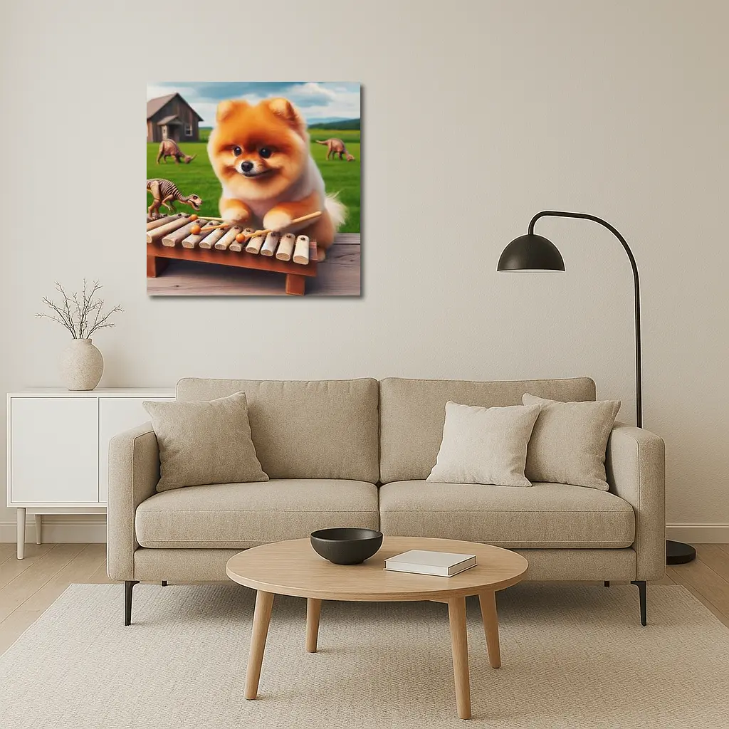 Pomeranian Playing Xylophone With Dinosaurs Outdoors – Wall Art