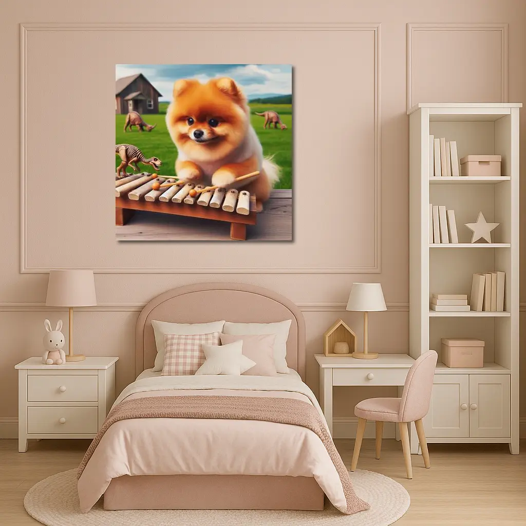 Pomeranian Playing Xylophone With Dinosaurs Outdoors – Wall Art