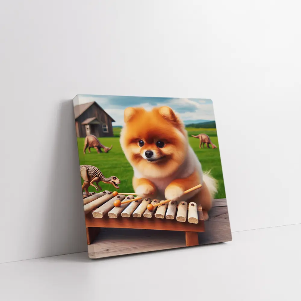 Pomeranian Playing Xylophone With Dinosaurs Outdoors – Wall Art