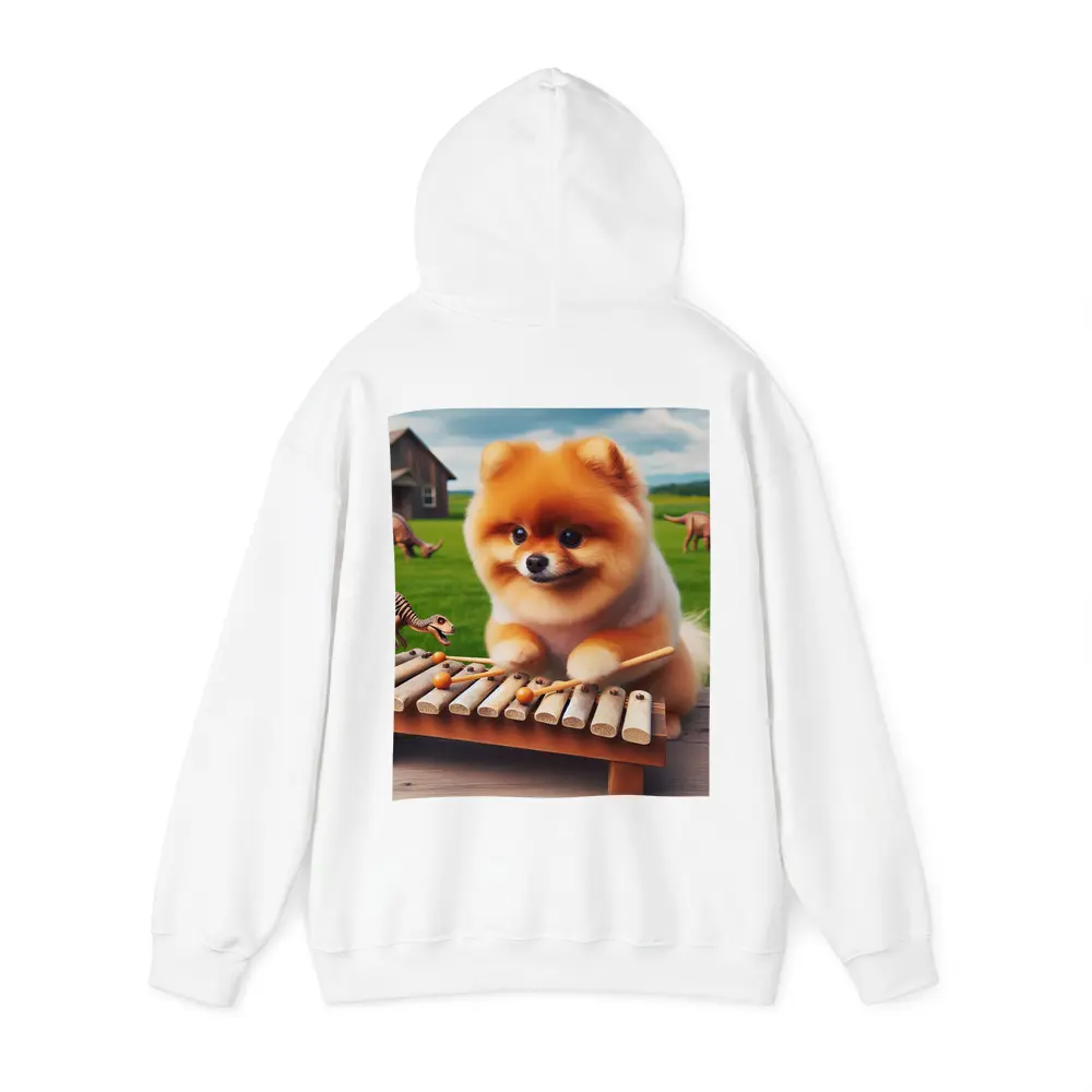 Pomeranian Playing Xylophone With Dinosaurs Outdoors – Hoodies