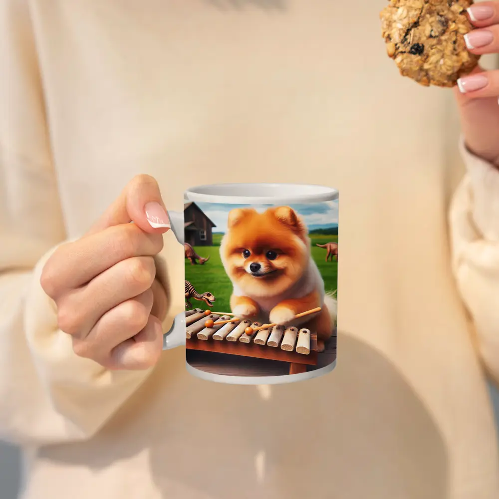 Pomeranian Playing Xylophone With Dinosaurs Outdoors – Mugs