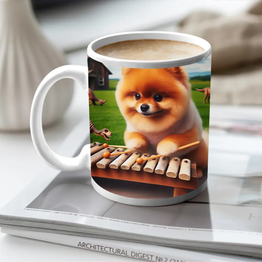 Pomeranian Playing Xylophone With Dinosaurs Outdoors – Mugs