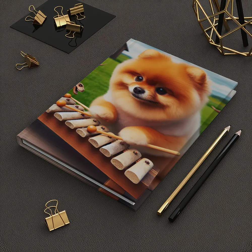 Pomeranian Playing Xylophone With Dinosaurs Outdoors – Notebooks