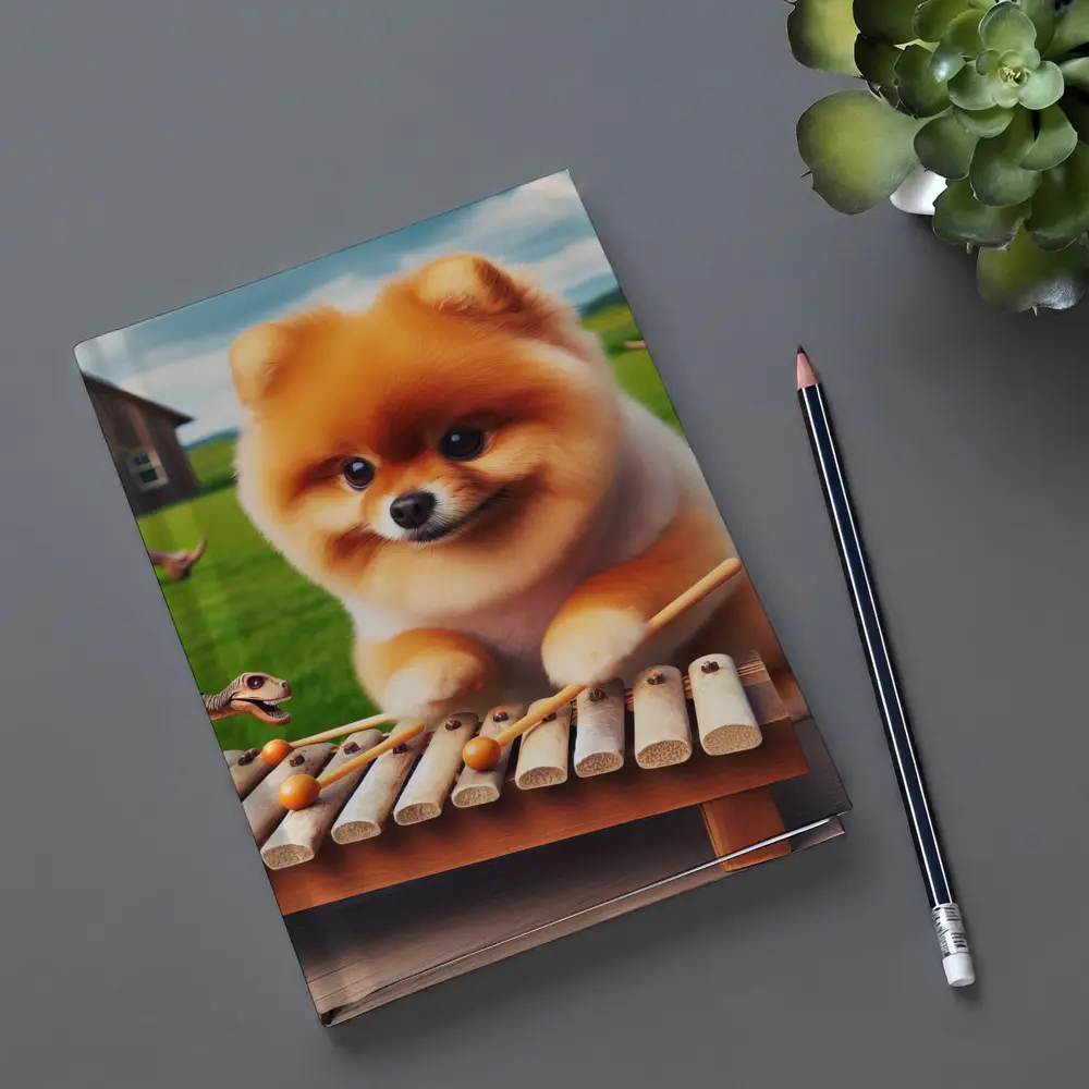 Pomeranian Playing Xylophone With Dinosaurs Outdoors – Notebooks