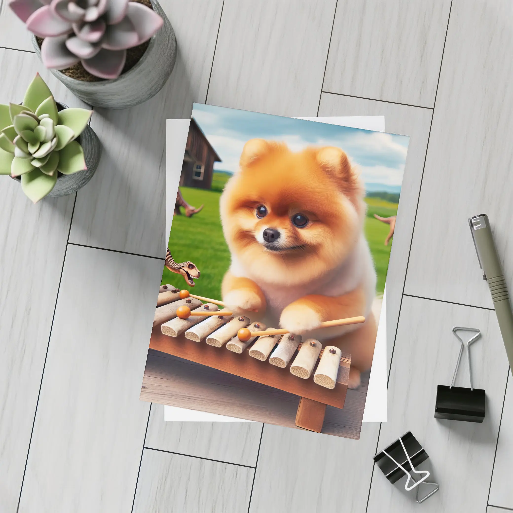 Pomeranian Playing Xylophone With Dinosaurs Outdoors – Postcards
