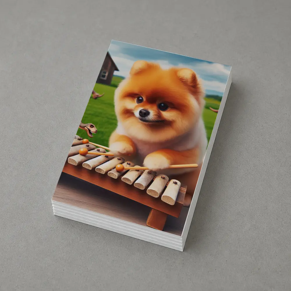 Pomeranian Playing Xylophone With Dinosaurs Outdoors – Postcards