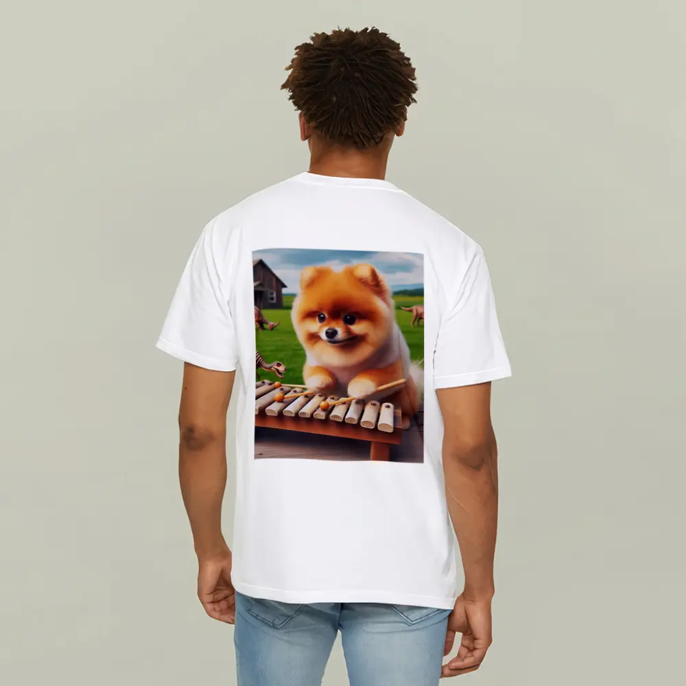 Pomeranian Playing Xylophone With Dinosaurs Outdoors – T-Shirts