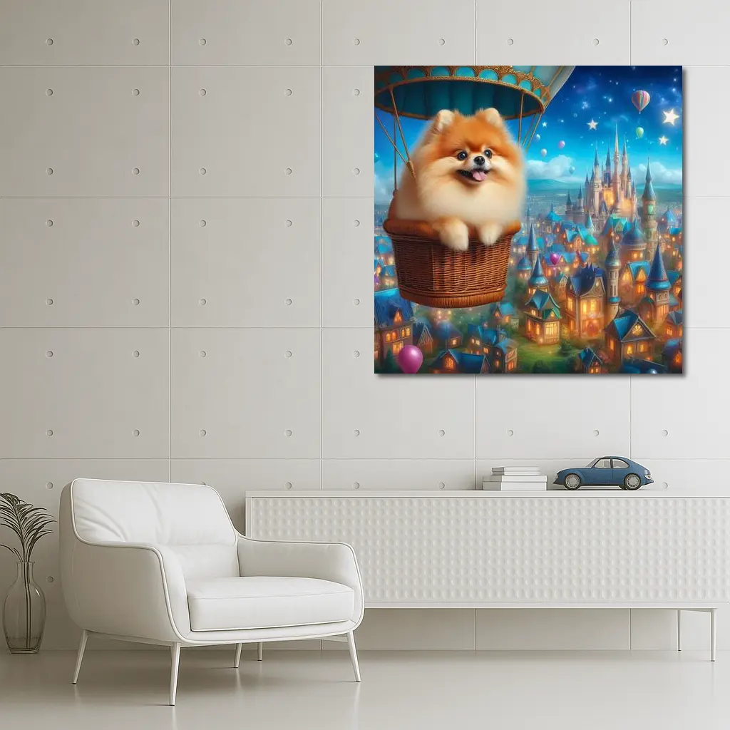 Pomeranian Dog Hot Air Balloon Fantasy City – Wall Art