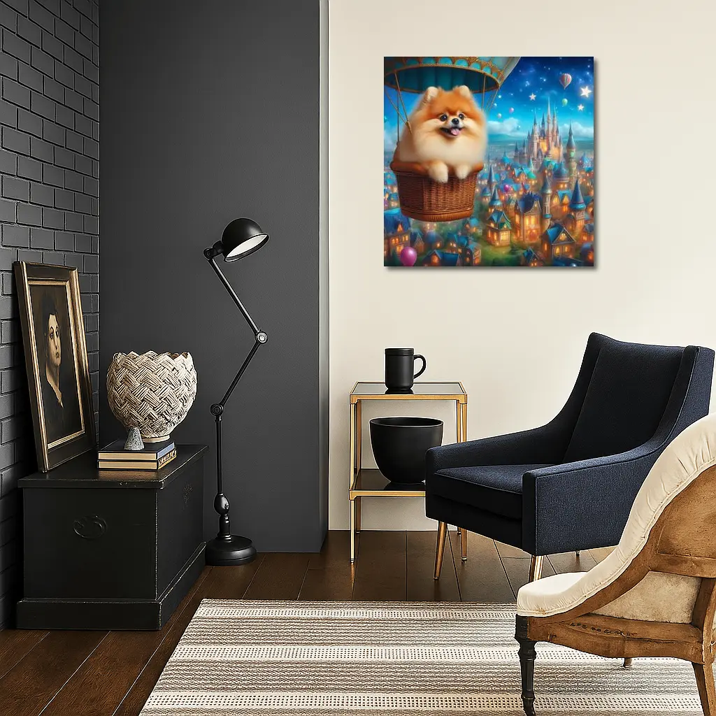 Pomeranian Dog Hot Air Balloon Fantasy City – Wall Art