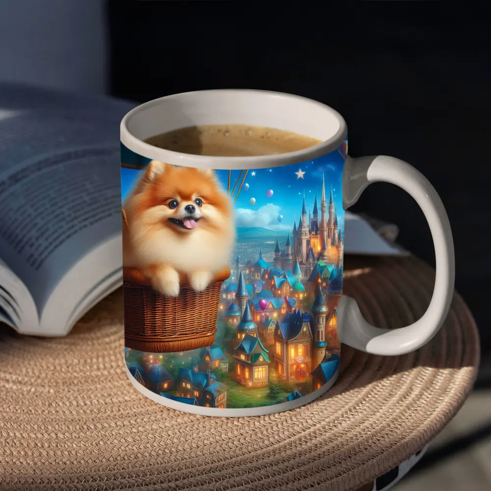 Pomeranian Dog Hot Air Balloon Fantasy City – Mugs
