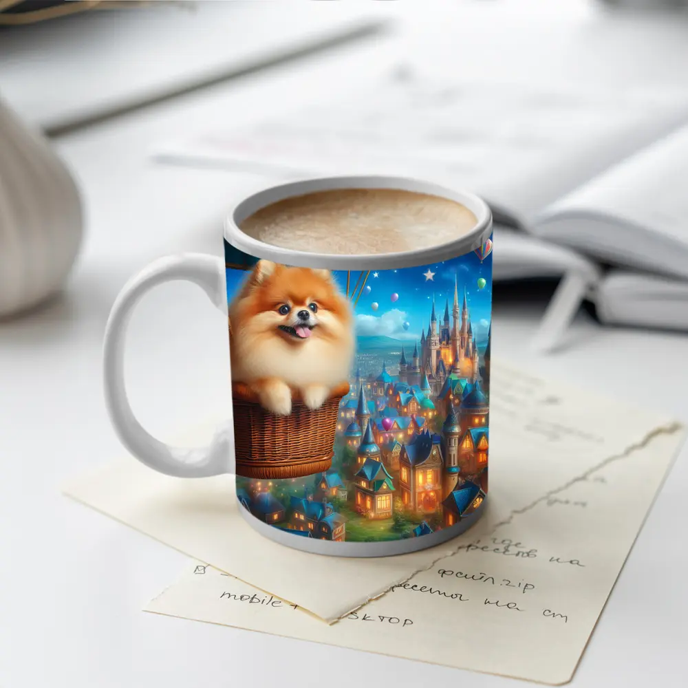 Pomeranian Dog Hot Air Balloon Fantasy City – Mugs