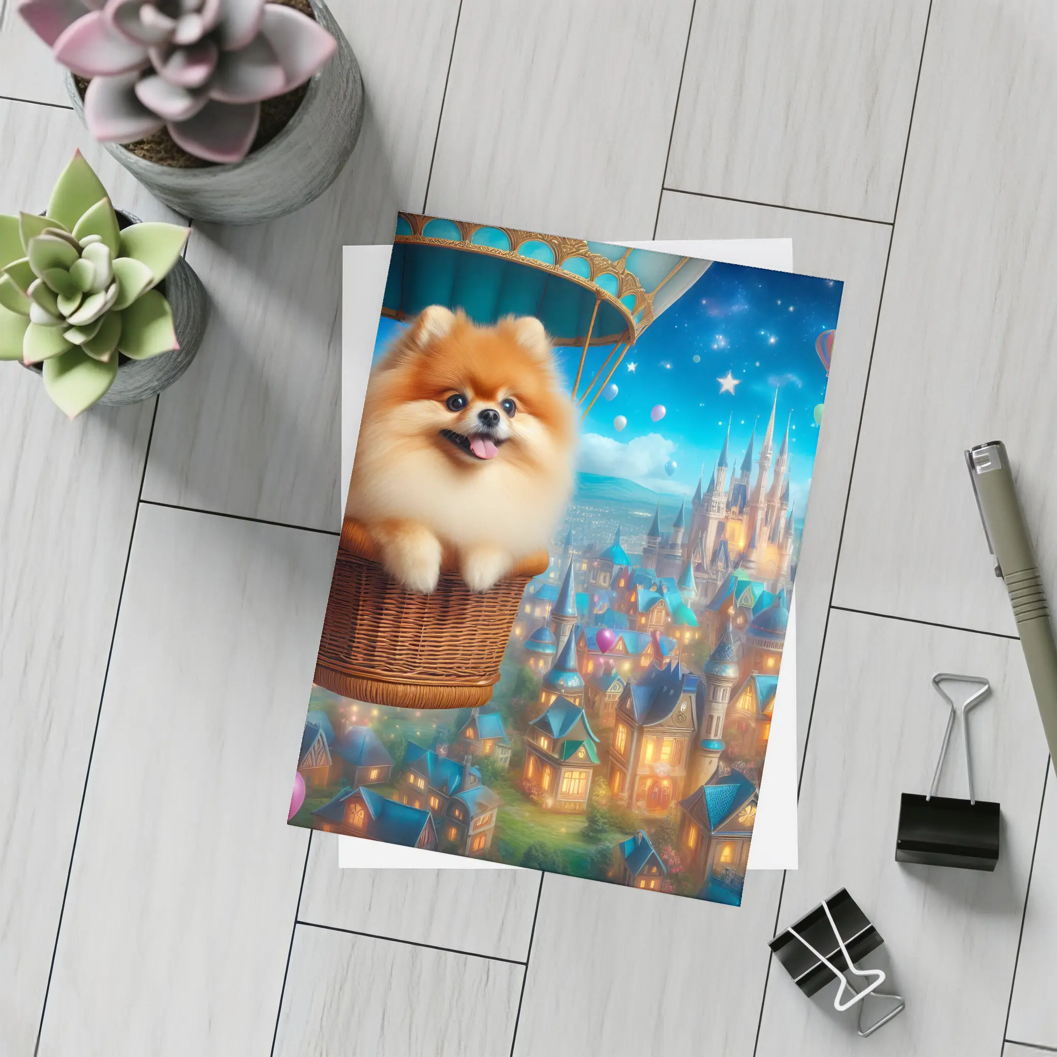 Pomeranian Dog Hot Air Balloon Fantasy City – Postcards