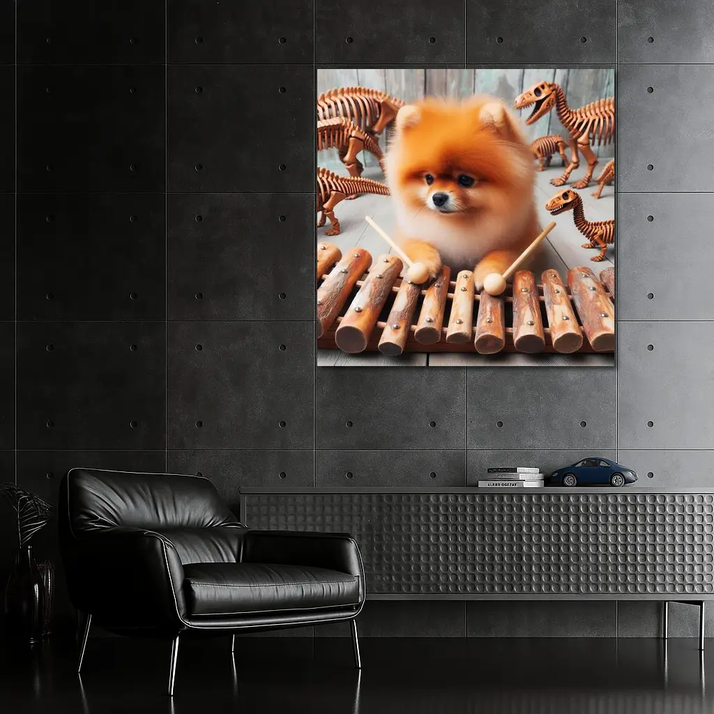 Pomeranian Dog Playing Xylophone With Dinosaur Skeletons – Wall Art