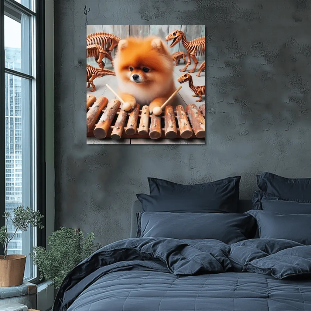 Pomeranian Dog Playing Xylophone With Dinosaur Skeletons – Wall Art