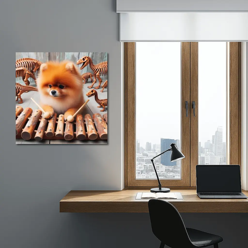 Pomeranian Dog Playing Xylophone With Dinosaur Skeletons – Wall Art