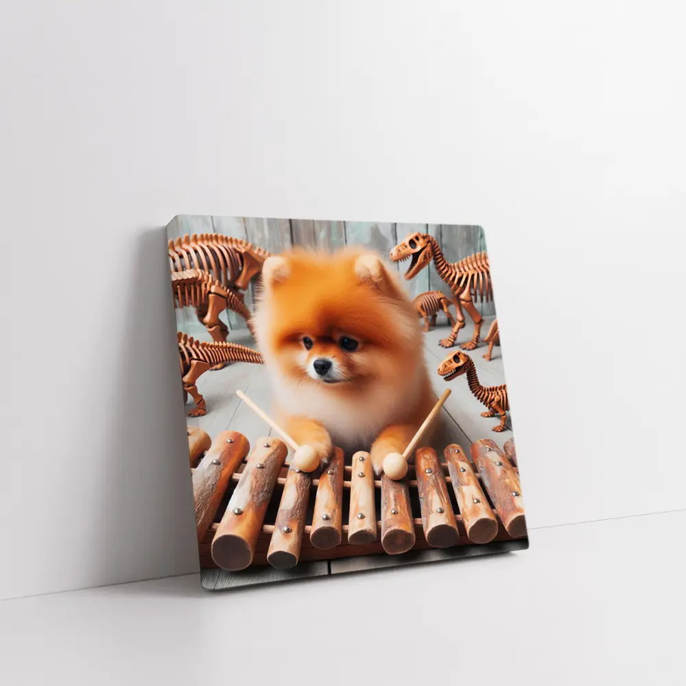 Pomeranian Dog Playing Xylophone With Dinosaur Skeletons – Wall Art
