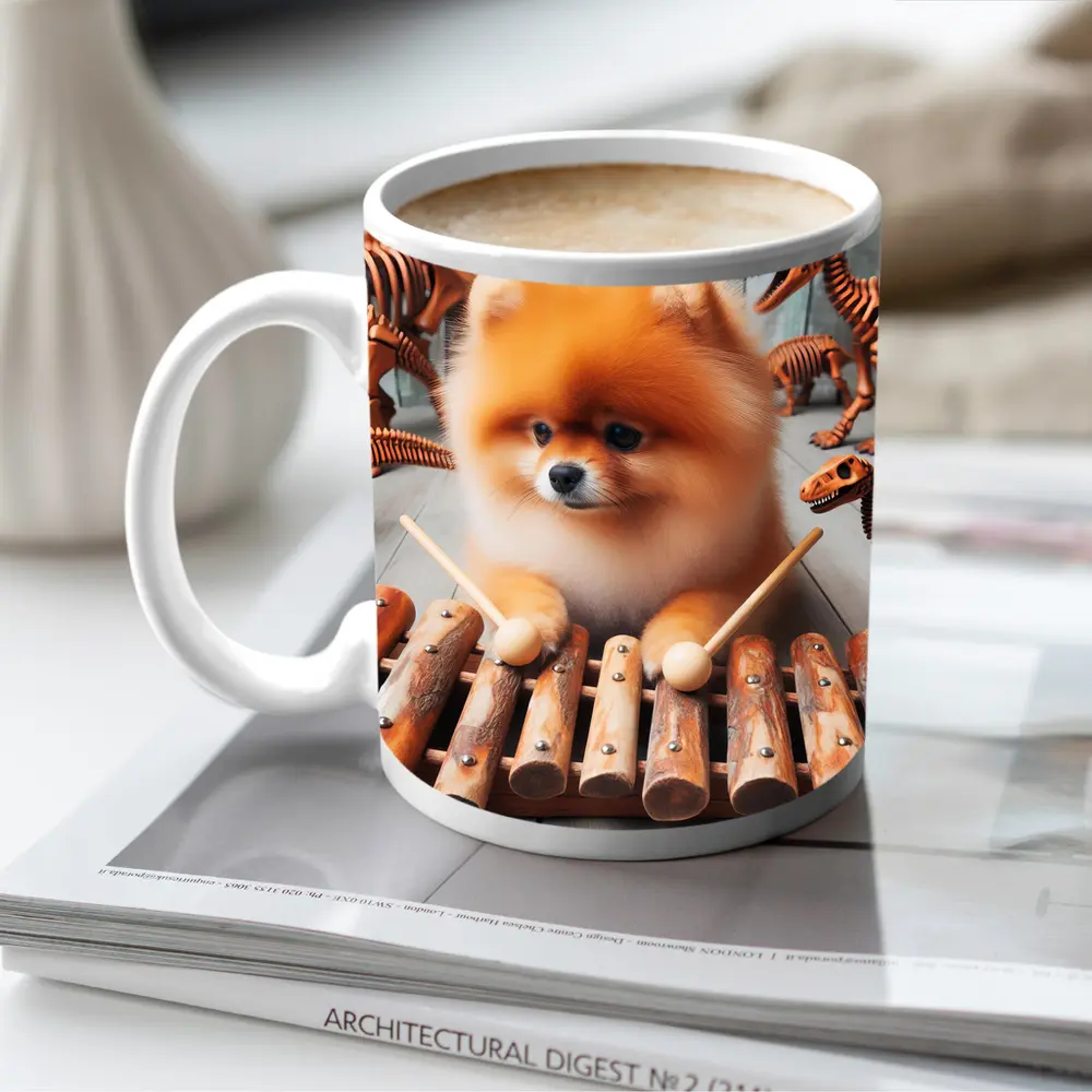 Pomeranian Dog Playing Xylophone With Dinosaur Skeletons – Mugs