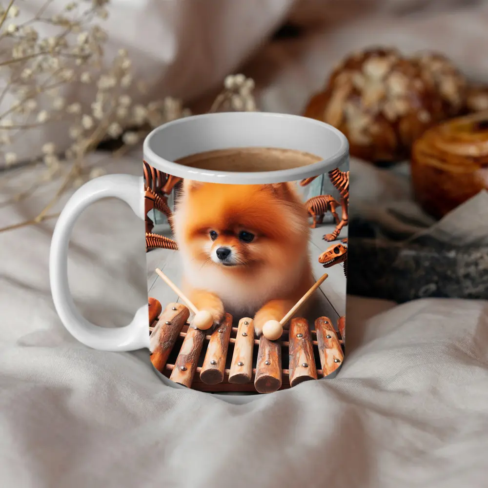 Pomeranian Dog Playing Xylophone With Dinosaur Skeletons – Mugs
