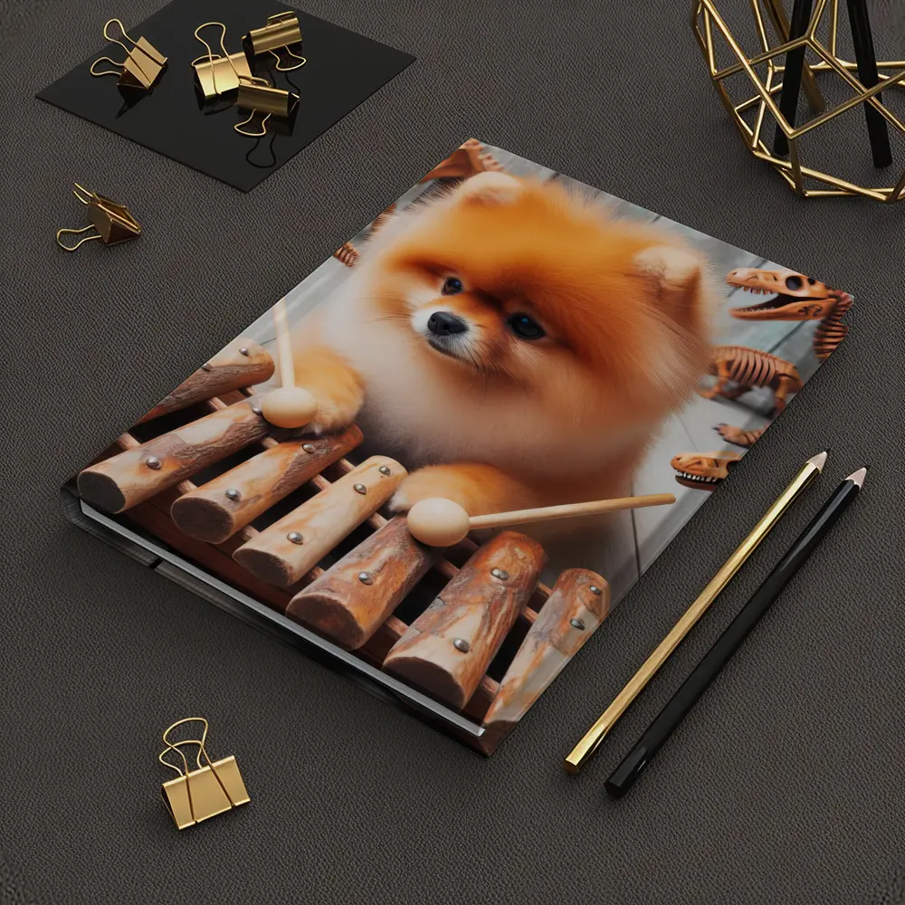 Pomeranian Dog Playing Xylophone With Dinosaur Skeletons – Notebooks