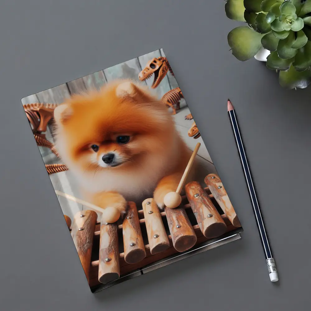 Pomeranian Dog Playing Xylophone With Dinosaur Skeletons – Notebooks