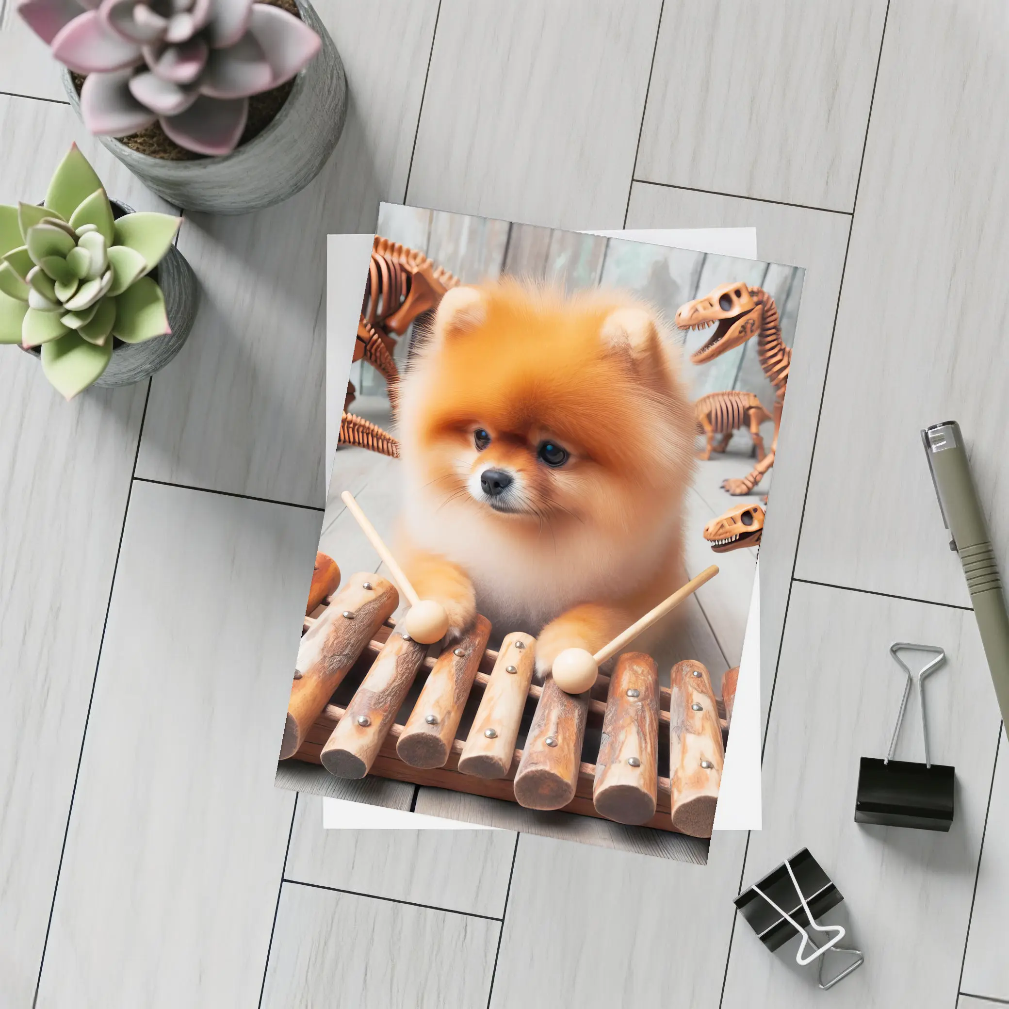 Pomeranian Dog Playing Xylophone With Dinosaur Skeletons – Postcards