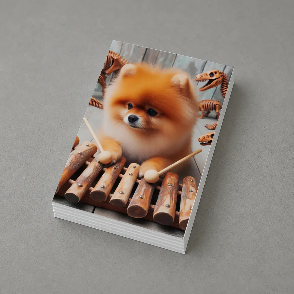 Pomeranian Dog Playing Xylophone With Dinosaur Skeletons – Postcards