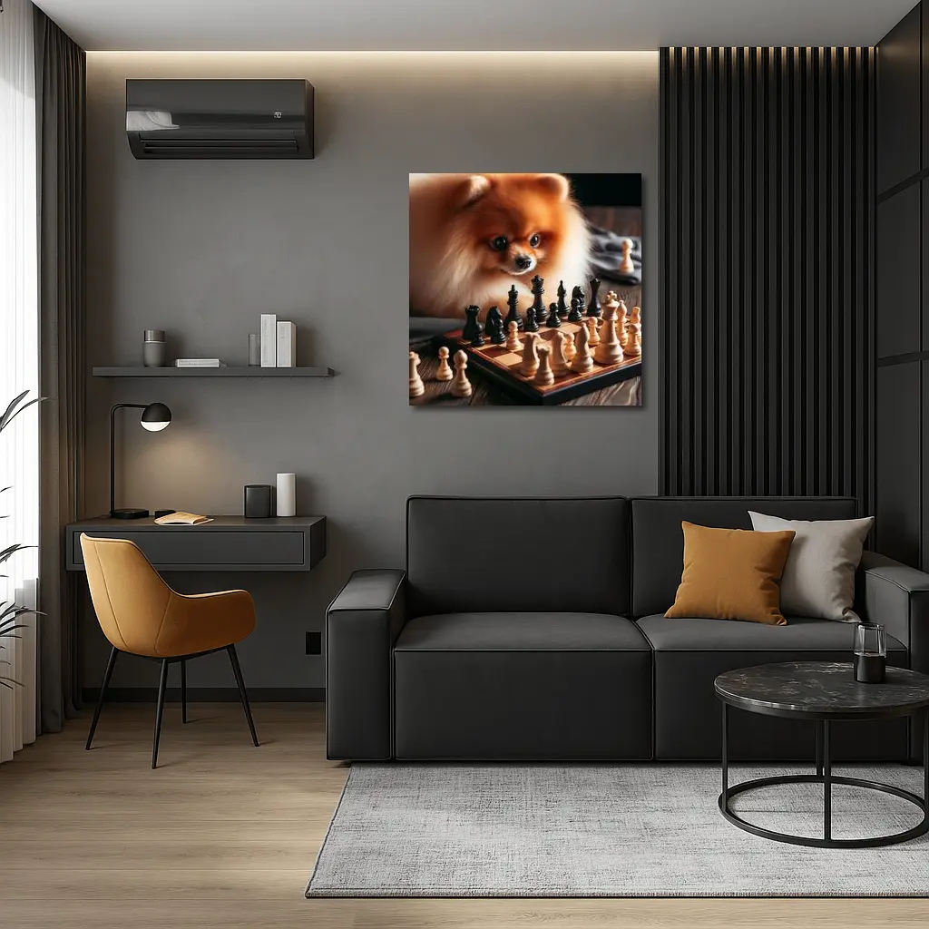 Pomeranian Dog Playing Chess on Wood – Wall Art
