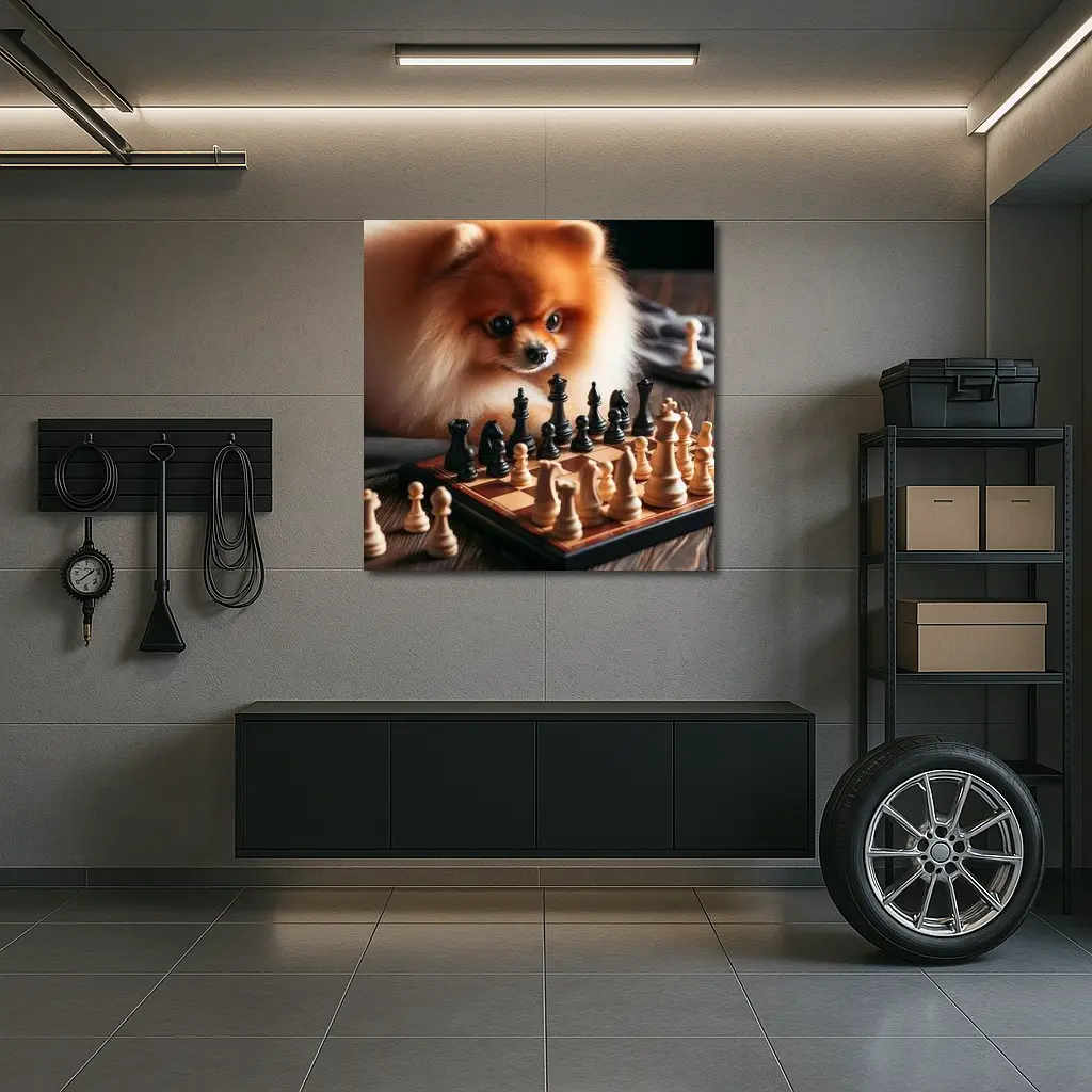 Pomeranian Dog Playing Chess on Wood – Wall Art