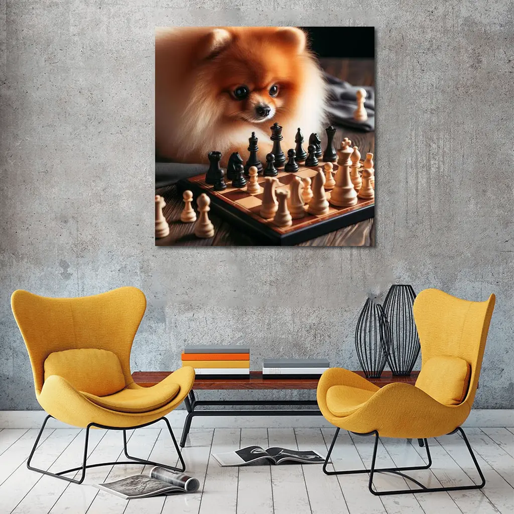 Pomeranian Dog Playing Chess on Wood – Wall Art