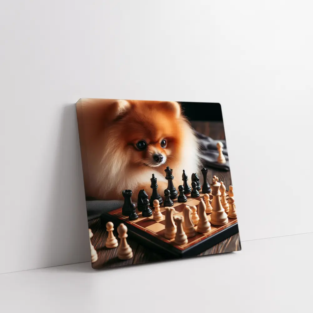 Pomeranian Dog Playing Chess on Wood – Wall Art