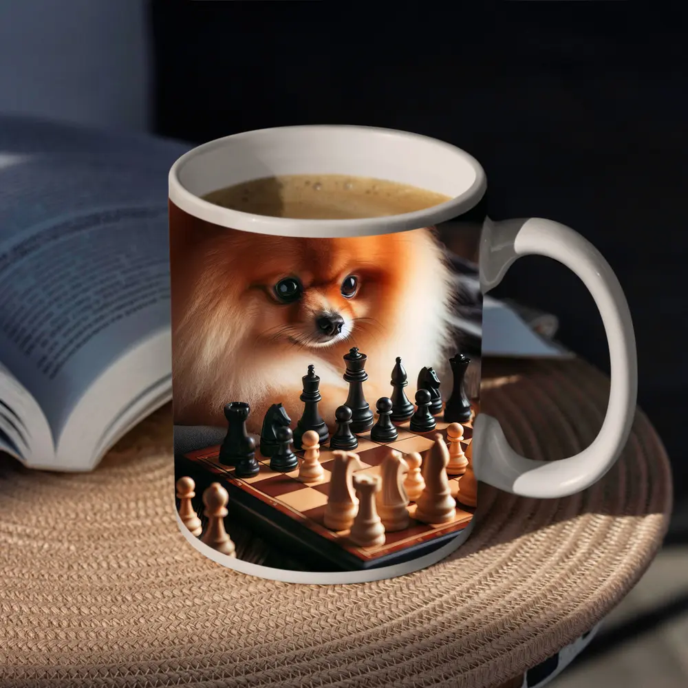 Pomeranian Dog Playing Chess on Wood – Mugs