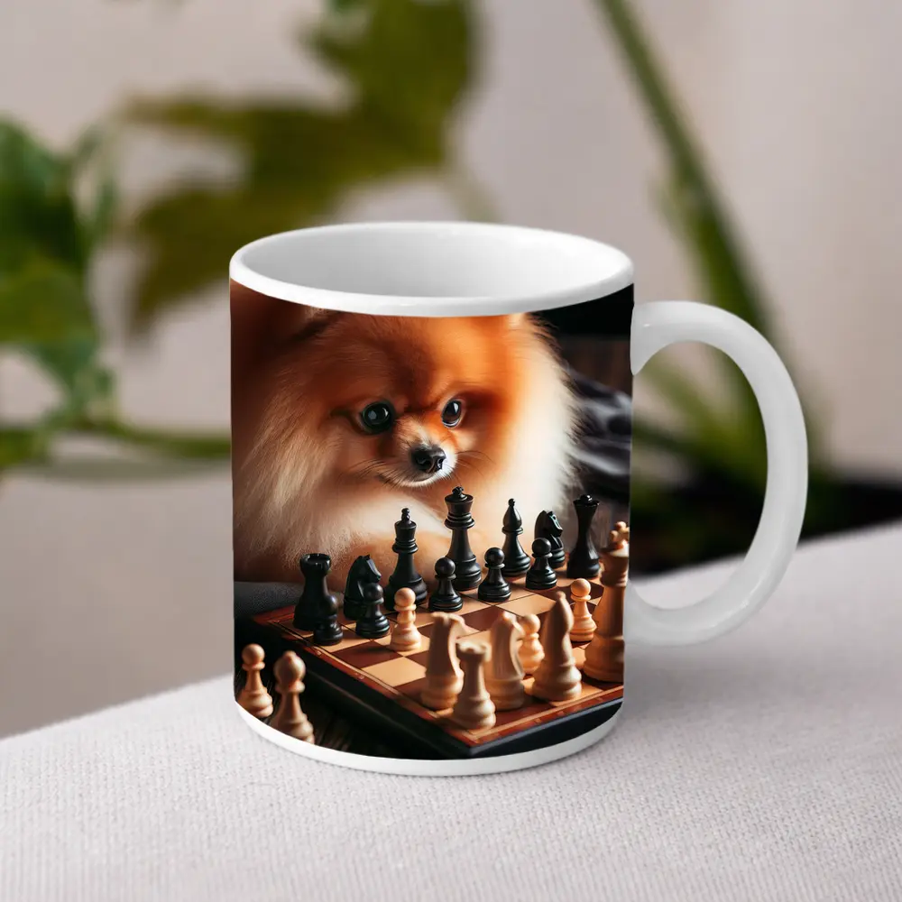 Pomeranian Dog Playing Chess on Wood – Mugs