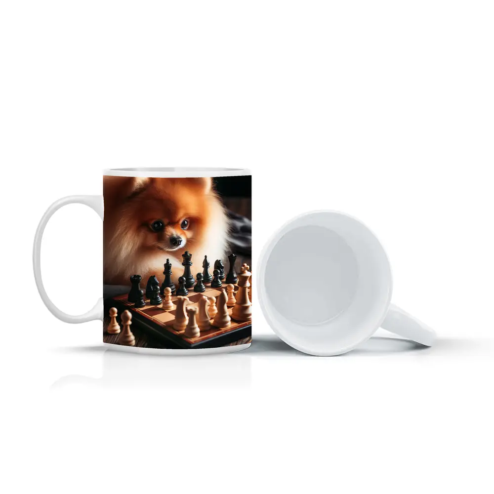 Pomeranian Dog Playing Chess on Wood – Mugs