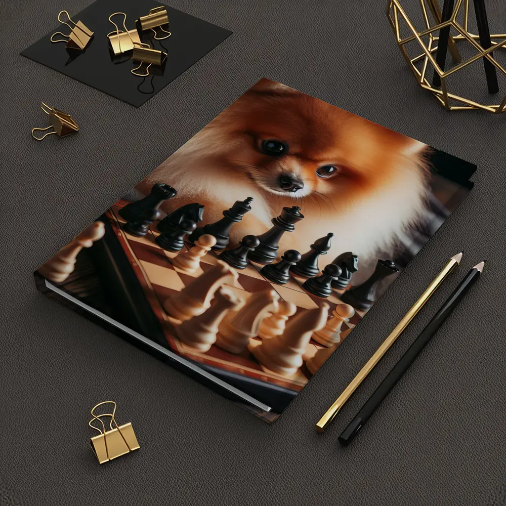 Pomeranian Dog Playing Chess on Wood – Notebooks